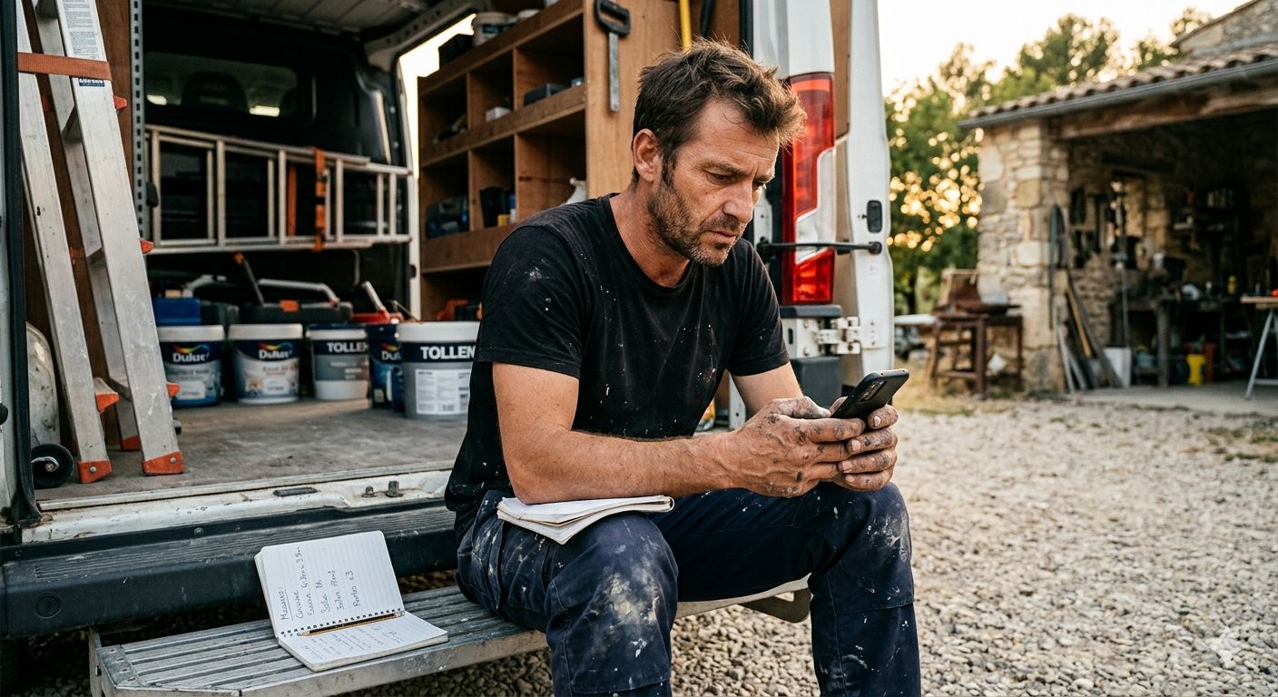 Portrait d'un artisan français en fin de journée, assis sur le pas de son utilitaire au coucher du soleil