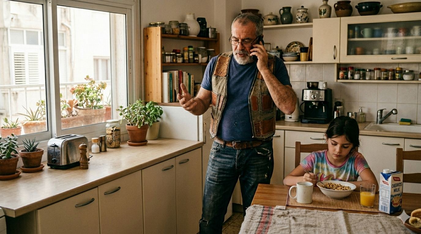 Artisan au téléphone pendant que sa famille attend — devis en attente