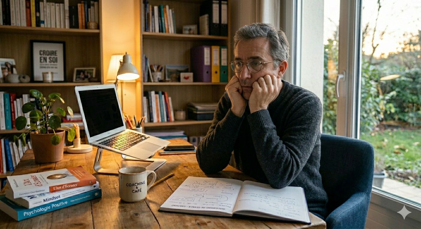 Coach pensif·ve en home office, entre deux séances de coaching